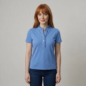 Tory Burch Blue Polo Knit Shirt Top Medium Short Sleeve Ruffle Trim Logo